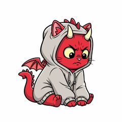 A grumpy red cartoon cat wearing a grey hoodie with devil horns, wings, and a tail.