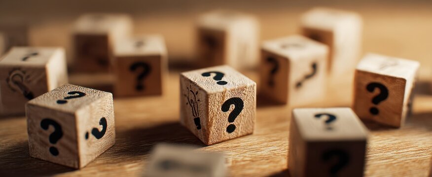 The wooden cubes featuring question marks symbolize curiosity and exploration of ideas.