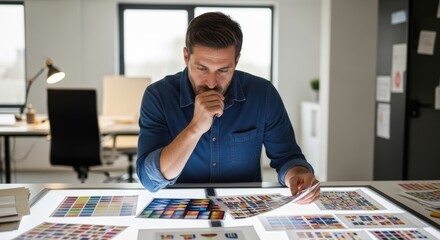 Focused Designer Working with Color Palettes on Light Table in Modern Office