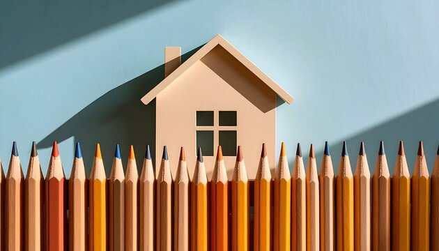 Wooden House Model Among Colored Pencils - Powered by Adobe