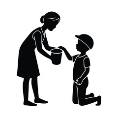 A woman giving food in a boy