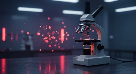 Futuristic Microscope Scene with Red Light and Floating Particles – Scientific Research and Laboratory Technology Concept