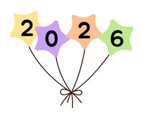 Obraz premium Happy New Year 2026 star balloons. Fun design for celebration, season decoration, branding, invitation, banner, cover, card and or social. Vector design 2026.