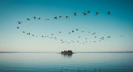 Birds Flying in V Formation over Water with Island – Nature Scene, Migration, Tranquil Sky, Wildlife, Scenic Travel, Natural Beauty