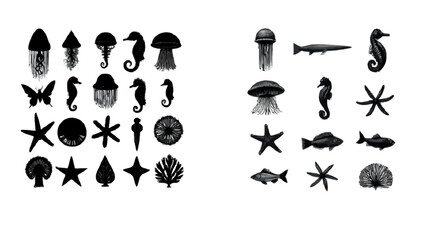Beautiful sea life illustration collection, diverse marine animals, jellyfish, seahorses, starfish, fish, shell elements for ocean themed designs