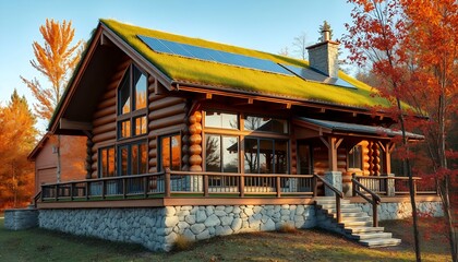 Rustic log cabin with green roof nestled among vibrant autumn trees