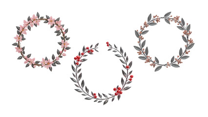 Elegant floral wreaths with charming blossom, leaves and berries for wedding invitation designs, greeting cards and botanical decoration projects