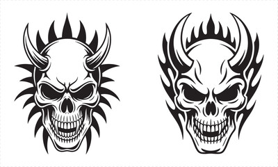 Fototapeta premium Two black and white tribal skull illustrations with horns and sharp edges vector
