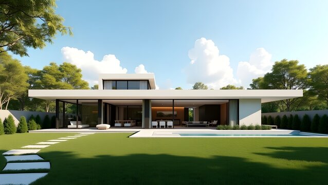 A sleek suburban residence with crisp, minimalist lines, embodying modern sophistication and serene living
