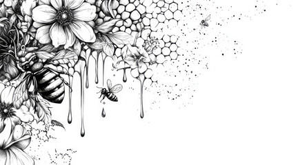 Monochrome hand-drawn vector collection of honey and bee elements, including honeycombs, bees, flowers, jars, dippers, and dripping honey for design use.
