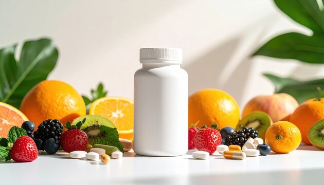 Vitamin Supplement Bottle with Fresh Fruit and Pills