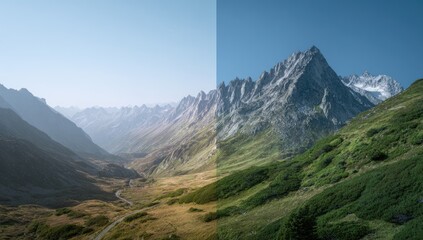Naklejka premium Mountain valley split into two contrasting tones