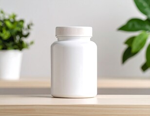 Blank white plastic pill bottle on light wooden surface, with out-of-focus greenery