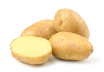 Fresh potatoes with half cut  isolated on white.