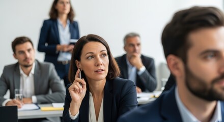 Fototapeta premium Attentive businesswoman actively engaged in a strategic corporate discussion with diverse colleagues