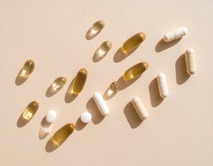 Assorted capsules and pills on a beige surface, casting soft shadows