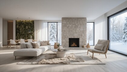 Cozy modern living room with fireplace and large windows overlooking a snowy landscape