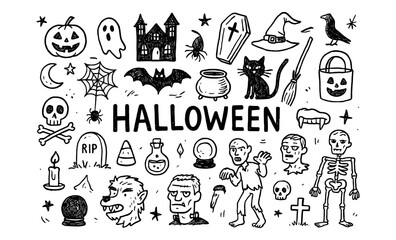 Obraz premium Halloween themed doodle set featuring ghosts, pumpkins, and spooky elements