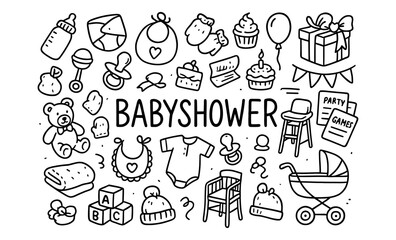 Baby shower doodle set with toys, cakes, and gifts in black and white