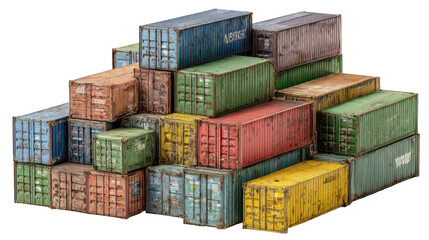 Fototapeta premium A large neat stack of colorful shipping containers showcasing various textures and colors on a transparent background.