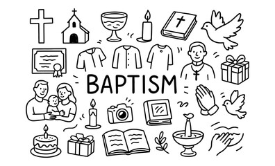 Baptism symbols collection in hand drawn doodle style for christian celebrations