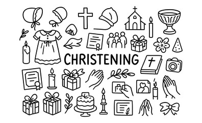 Hand-drawn christening symbols collection with religious elements and gifts