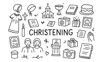 Christening ceremony icons: flat linear celebratory symbols for religious rituals