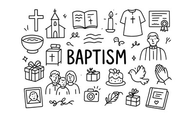 Baptism symbols doodle collection: church, bible, and faith elements