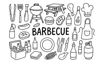 Barbecue elements set: grills, utensils, food, beverage, and outdoor dining essentials in line art style