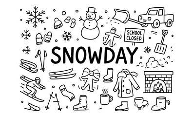 Doodle art of snow day activities and winter fun elements