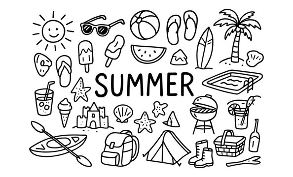Hand drawn summer doodles with beach, camping, and outdoor elements - Powered by Adobe