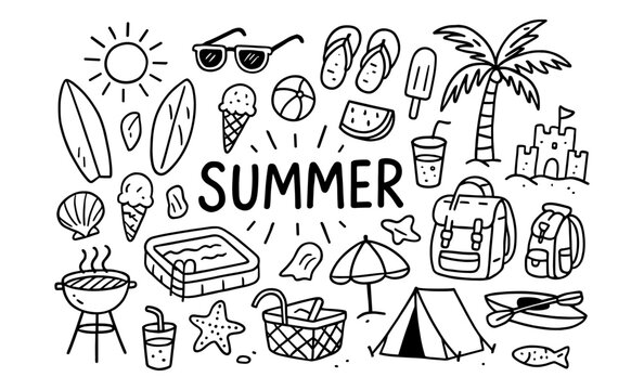 Hand-drawn summer doodles featuring beach fun and outdoor activities