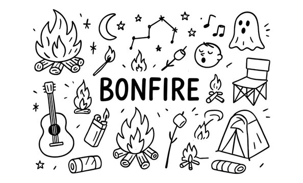 Cozy bonfire doodle design with camping elements and stars