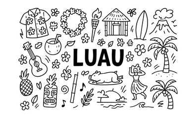 Hawaiian luau doodles: tropical party elements with hand-drawn charm