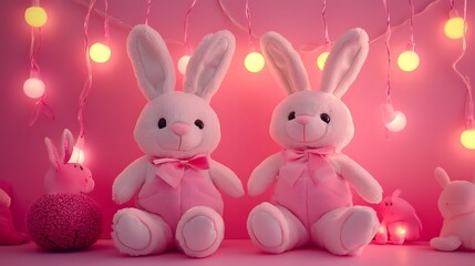 Obraz premium Adorable plush toys in bunny outfits set against a vibrant pink backdrop featuring warm lighting and playful details