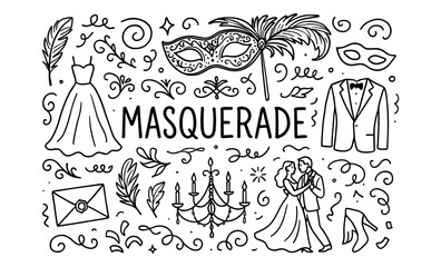 Elegant masquerade ball elements in hand drawn style for festive design