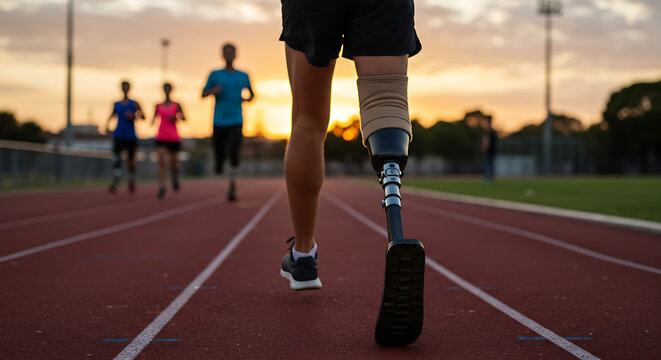 Embracing adaptive sports: a runner with a prosthetic leg in action on the track - Powered by Adobe