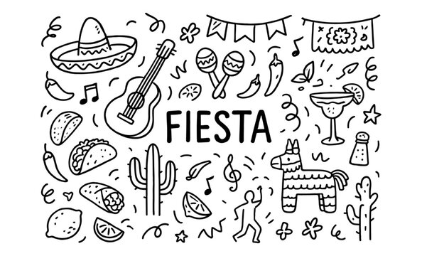 Festive fiesta doodle with mexican traditions in monochrome style