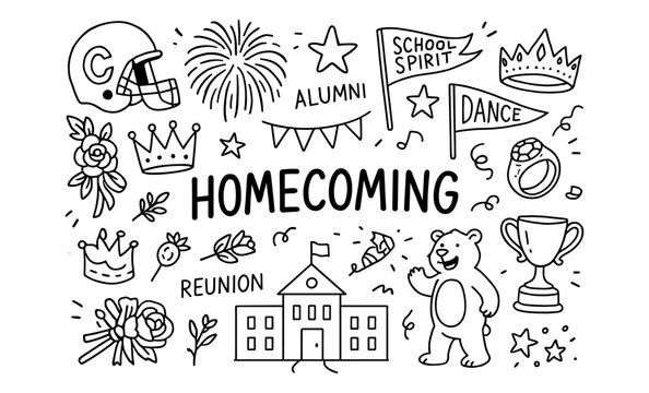 Doodle homecoming celebration with school spirit and fun symbols