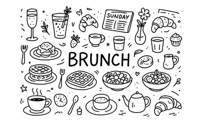 Hand-drawn brunch doodles with breakfast foods and drinks in black and white