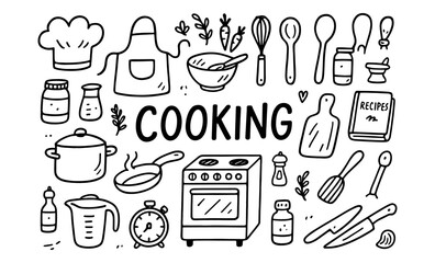 Hand drawn kitchen utensils and cooking elements doodle set