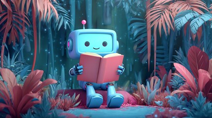 Adorable robot child reading joyfully in colorful cartoon style discovering wonder playful futuristic digital scene