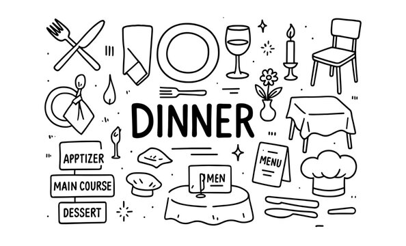 Hand drawn dinner elements with tableware, menus, and dining icons