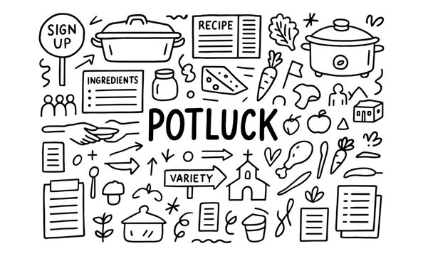 Hand drawn potluck elements with food, recipes, and icons in doodle style