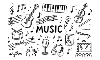 Hand drawn musical instruments and notes doodle with microphones and headphones