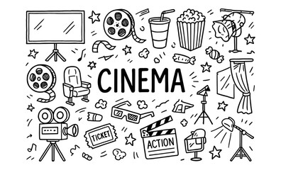 Doodle cinema elements: creative hand drawn movie icons and film symbols