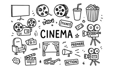 Hand drawn cinema elements with movie icons and film equipment in doodle style