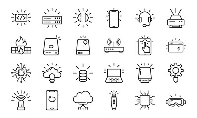 Technology and IT Line Icons Set with Light Up Effect – Coding, Cloud, Networking, Cybersecurity, AI, Server, and Device Interface Symbols on White Background