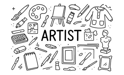 Art tools doodle set featuring brushes, easel, palette, and creative supplies