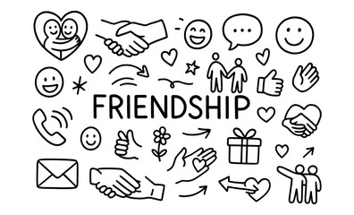 Friendship doodle set with handshake and heart icons in linear style